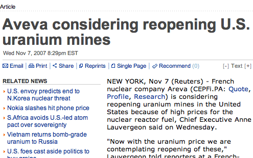 Avena (no, really, that is the word in the Reuters headline) considers opening US uranium mines 1