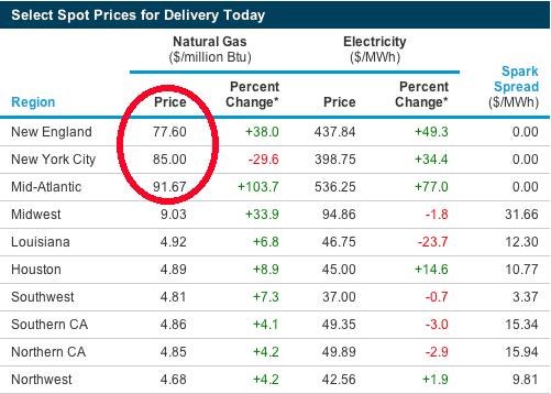 US natural gas spot prices January 22, 2014