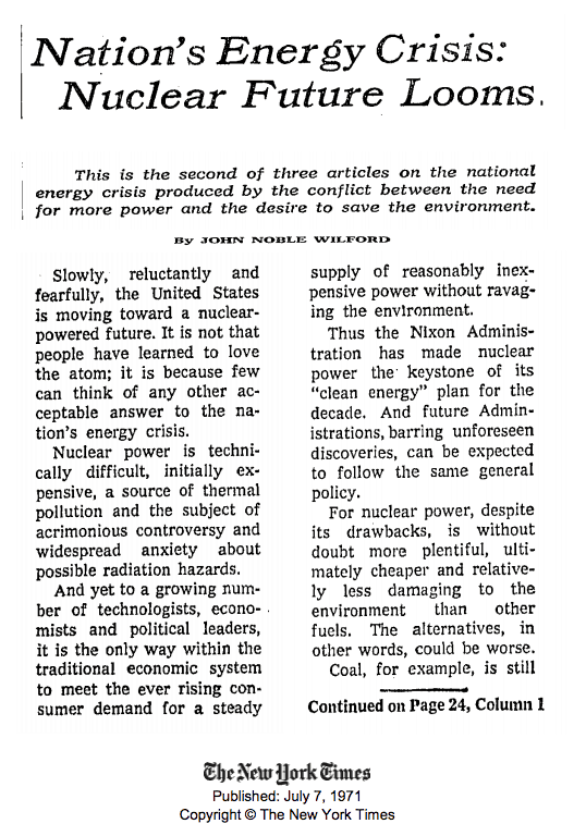 Nation's Energy Crisis: Nuclear Future Looms, New York Times, July 7, 1971
