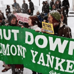 Activists rally outside the Statehouse following a vote by the Vermont Senate to retire the Vermont Yankee nuclear plant in 2012. Since the plant’s closing, energy derived from natural gas has increased more than 5 percent.