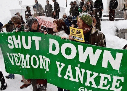 Activists rally outside the Statehouse following a vote by the Vermont Senate to retire the Vermont Yankee nuclear plant in 2012. Since the plant’s closing, energy derived from natural gas has increased more than 5 percent.